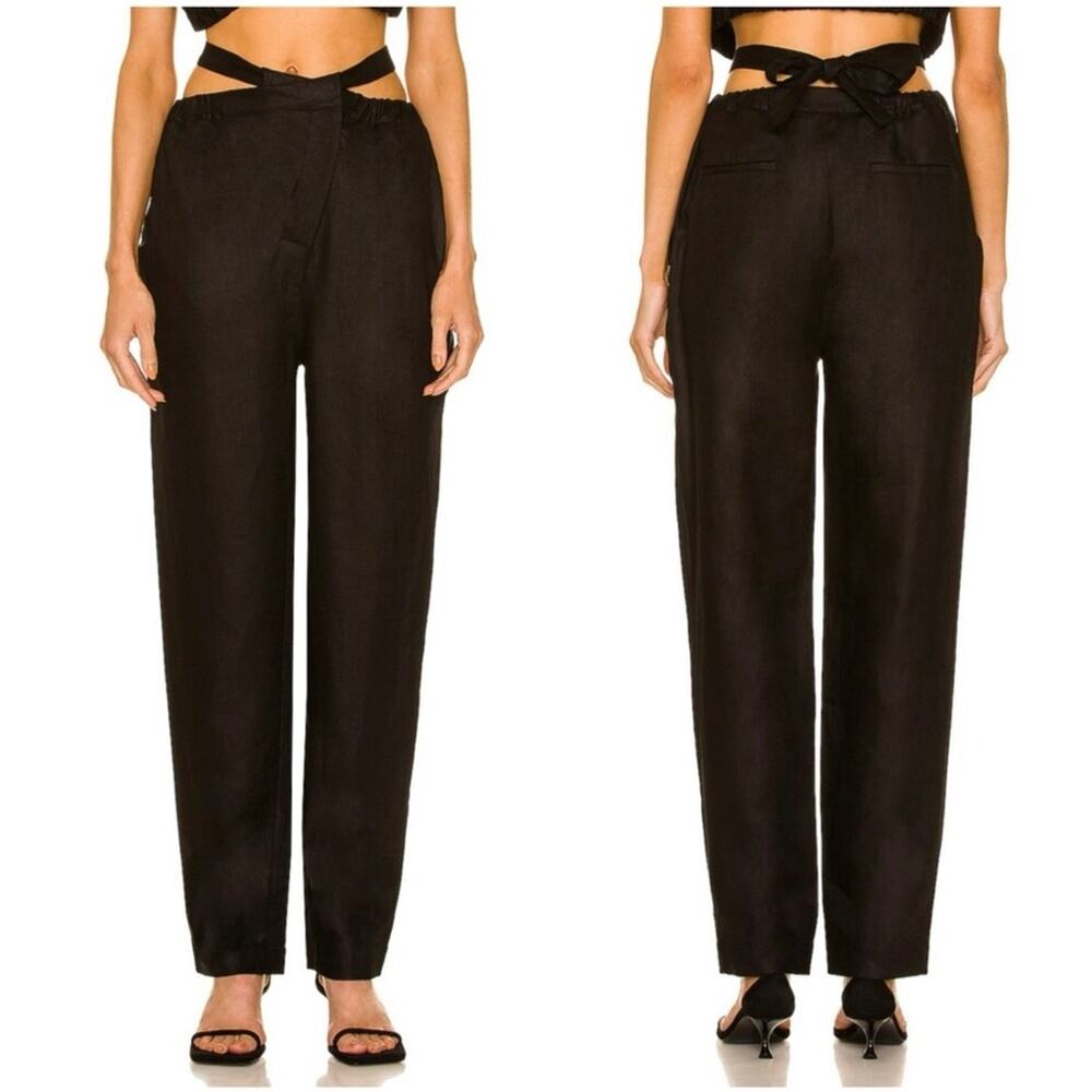 Nicholas Taron Linen Luxury Resort Pants Crossover Cut Out Tie Waist Black US 4